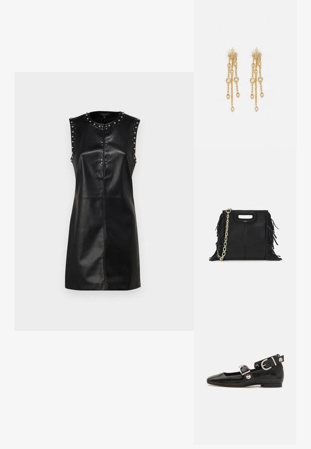 Juodas odinis besiūkis suknelė su prigludusia konstrukcija, dekoruota metaliniais kalneliu prie pečių ir priekiniais užtrauktuku. Lygus paviršius.; Juodas lakinės odos plokščias batelis su kvadratiniu pirštu, kulkšnies dirželiu su sidabro detalėmis ir plokščiu padu. Sklandus paviršius su minimalistišku dizainu.; Juodas odinis rankų darbo rankinys su frinzuotomis detalėmis, auksine grandinės petneša ir išpjauto dizaino rankena. Pirmoje pusėje yra logotipo vieta.; Aukso spalvos auskarai su keliais kaskadiniais grandinėlėmis, su skaidriais ovaliais kristalų akcentais ir dekoratyviniais auskarų priekiais.