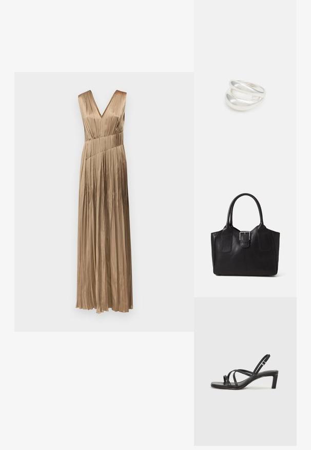 Duga, plisirana haljina u svijetlosmeđoj boji s V-izrezom i širokim naramenicama. Izrađena od glatkog, teksturiranog materijala.; Crne sandale s trakama, kvadratnim prstom i niskom blok petom. Ima više tankih trakica i podesivu trakicu oko gležnja. Izrađene su od glatke kože.; Crna kožna torba za nošenje s glatkom teksturom, strukturiranim oblikom, dvije ručke i istaknutim srebrnim kopčanjem na prednjoj strani.; Srebrna dvostruka prsten s glatkom, poliranom površinom. Karakterizira ga fluidan, zakrivljen dizajn s preklapajućim sekcijama za moderan izgled.