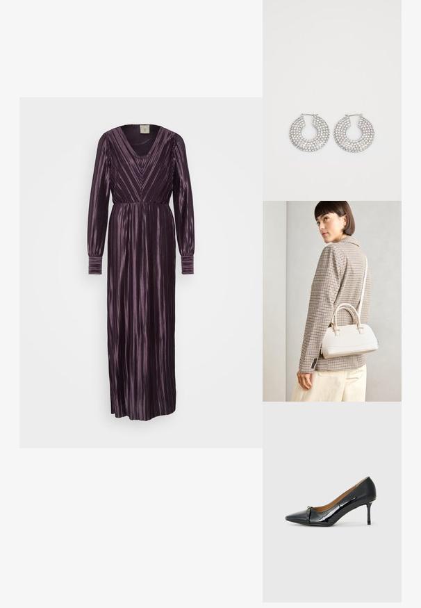 Maxi šaty v tmavě fialové barvě s vertikálními sklady, V-výstřihem a dlouhými rukávy se staženými manžetami. Hladká, strukturovaná látka.; Černá lakovaná vysoká podpatková bota s špičatou špičkou, ozdobným páskem v přední části a tenkým stiletto podpatkem.; Bílá strukturovaná kabelka s krátkými uchy a ramenním popruhem, zdobená zlatými kovovými prvky a texturovaným materiálem, vystavená na šedém pozadí.; Stříbrné kruhové náušnice zdobené několika průhlednými krystalovými ozdobami, s texturovaným povrchem a otevřeným kruhovým designem.