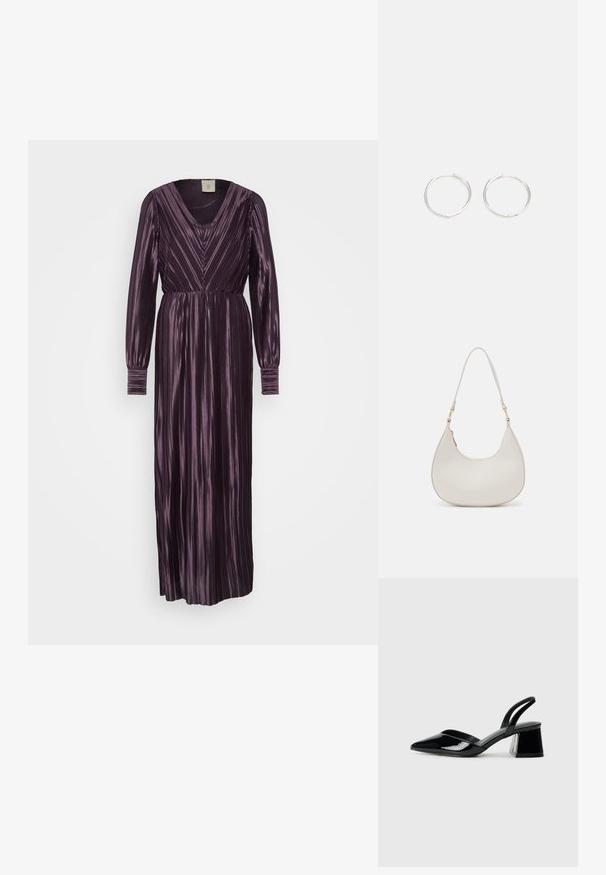 Ilga suknelė tamsiai purpurinės spalvos, su vertikaliomis raukšlėmis, V formos iškirpte ir ilgomis rankovėmis su susirinkusiomis apykaklėmis. Lygus, tekstūruotas audinys.; Juodos lakuotos odinės šlepetės su smailiu pirštu ir geometriniu bloko kulnu. Turi elegantišką, minimalistinį dizainą ir lygų paviršių.; Kremo spalvos odinė petnešų rankinė, pusmėnulio formos, plona dirželis ir subtilūs siuvimo akcentai. Minimalistinio dizaino su auksiniu tone detalėmis.; Sidabrinės auskarai žiedai su sėslia, apvalia forma, pasižymintys lygia paviršiumi ir be matomų puošmenų. Svoris nenurodytas.