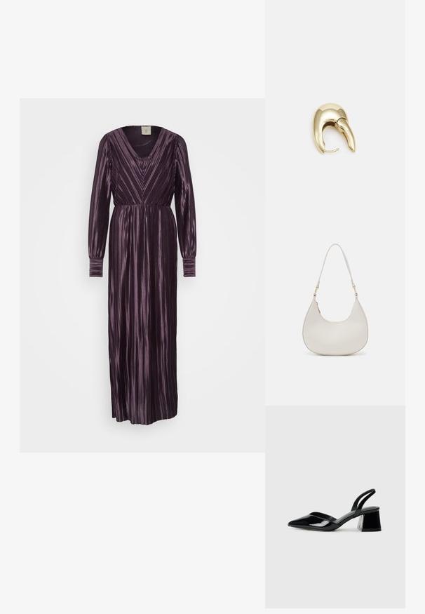 Ilga suknelė tamsiai purpurinės spalvos, su vertikaliomis raukšlėmis, V formos iškirpte ir ilgomis rankovėmis su susirinkusiomis apykaklėmis. Lygus, tekstūruotas audinys.; Juodos lakuotos odinės šlepetės su smailiu pirštu ir geometriniu bloko kulnu. Turi elegantišką, minimalistinį dizainą ir lygų paviršių.; Kremo spalvos odinė petnešų rankinė, pusmėnulio formos, plona dirželis ir subtilūs siuvimo akcentai. Minimalistinio dizaino su auksiniu tone detalėmis.; Aukso tono metalinės auskarai su stilingu, kreiviu dizainu. Išsiskiria ryškiu smailiu pavidalu, poliruota paviršiumi ir užsegimu su vyriu.