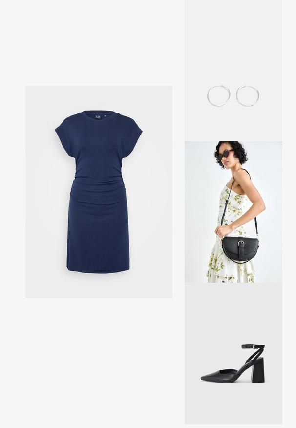 Tengerészkék ruha puha anyagból, rövid ujjakkal, kerek nyakkivágással, oldalsó redőzött részletezéssel és testéhez simuló szabással.; Fekete bőr, hegyes orrú magassarkú cipő boka pánttal és vastag sarokkal. Sima textúra, elegáns dizájn és minimális esztétika.; Fekete bőrtáska ívelt formával, levehető pánttal és arany színű fémrészekkel. A táskán egy csattal díszített fedél található.; Ezüst karika fülbevalók, letisztult, kerek formával, sima felülettel és látható díszítés nélkül. A átmérő nem megadott.