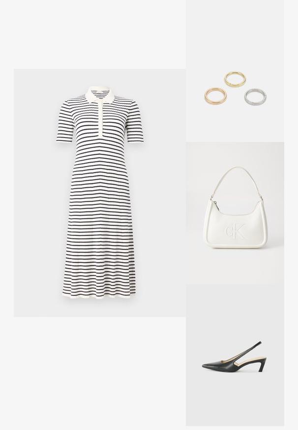 Φόρεμα με γιακά και κοντά μανίκια, με οριζόντιες μαύρες και λευκές ρίγες και ραβδωτή υφή. Σχεδίαση που φτάνει μέχρι το γόνατο.; Μαύρο παπούτσι slingback με αιχμηρή μύτη και χαμηλό τακούνι, κατασκευασμένο από λείο δέρμα με σχέδιο κοπής στη πλευρά για αερισμό.; Λευκή δερμάτινη τσάντα χειρός με καμπυλωτό σχήμα, διαθέτει ανάγλυφο λογότυπο "CK" μπροστά και μία ενιαία λαβή ώμου. Κλείσιμο με φερμουάρ στην κορυφή.; Τρία μεταλλικά δαχτυλίδια: ένα ροζ χρυσό, ένα χρυσό με υφές και ένα ασημένιο, όλα με εγχαραγμένο λογότυπο στην εσωτερική πλευρά.