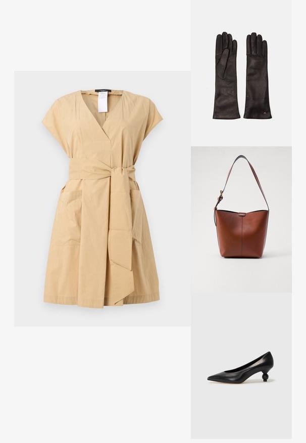 Khaki wrap dress with a V-neck, short sleeves, fabric tie belt, and two side pockets. Made of smooth cotton blend material.; Black leather high heel shoe with a pointed toe and a round, balled heel. Smooth texture with a sleek, minimal design.; Brown leather shoulder bag with a curved shape, smooth texture, and a single thin strap. Features a subtle seam and a small logo detail.; Weekend Max Mara SENAPE - Gloves - nero