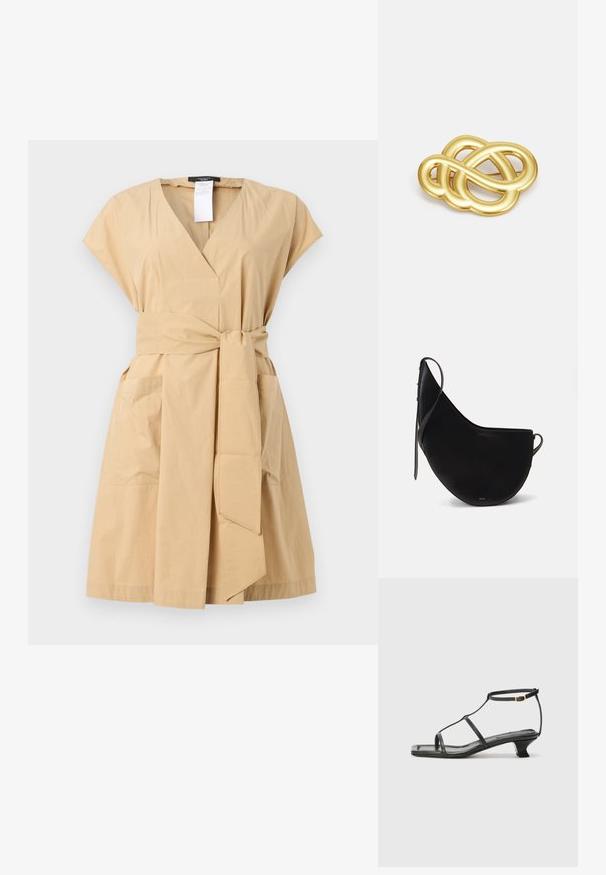 Khaki wrap dress with a V-neck, short sleeves, fabric tie belt, and two side pockets. Made of smooth cotton blend material.; Black leather sandal with a square toe, thin straps, adjustable ankle strap, and a low heel. Features a small gold accent on the strap.; Black leather handbag with a curved moon shape, featuring a slim strap and subtle gold branding on the front. Smooth texture with minimal hardware.; Gold-tone brooch featuring a knotted design with smooth, curved lines and an intricate shape, reflecting a polished finish.