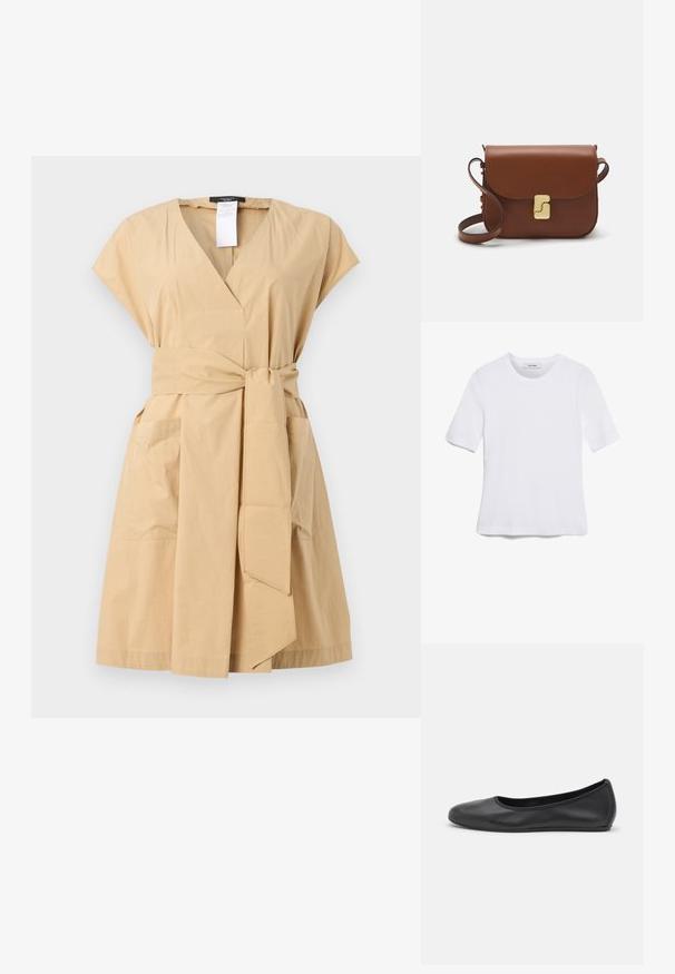 Khaki värvitud mä wrap kleit V-kaelusega, lühikeste varrukatega, riidest sidumisvööga ja kahe küljetaskuga. Valmistatud siledast puuvillasegist materjalist.; Valge lühikeste varrukatega T-särk ribatud kangast. Ümara kaelusega, tavalisest sobivusest ja peente õmbluse detailidega. Ilma mustrite või graafikateta.; Musthave mustika tantsutossud mustast nahast, ümmarguse varbaga, siledast tekstuurist, minimaalse õmblusdetailiga ja paindliku tallakujundusega.; Pruunist nahast käekott, millel on klapiga sulgur, kuldne riistvara, õlarihm ja sile tekstuur. Kompaktne ristkülikukujuline vorm.