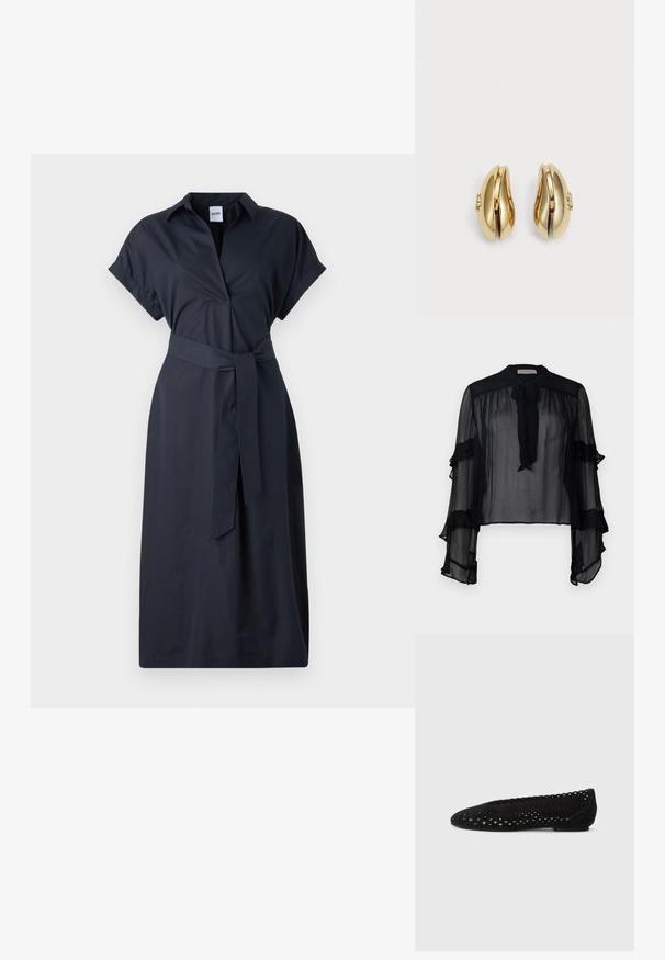 Rochie cambrată de culoare bleumarin, confecționată dintr-un material neted, cu guler, mânecă scurtă, închidere cu nasturi pe față și o curea asortată din același material în talie.; Bluză neagră transparentă cu mâneci lungi, volănașe și guler cu fundă. Prezintă un material ușor și o croială lejeră, potrivită pentru a fi purtată în straturi.; Balerini negri din suede perforat, cu vârf rotund și margini ondulate. Talpă plată cu detalii subtile pe suprafață.; Cercei aurii cu un design curbat și fluid. Fiecare cercei are o suprafață netedă și un mic sistem de prindere cu un detaliu decorativ.