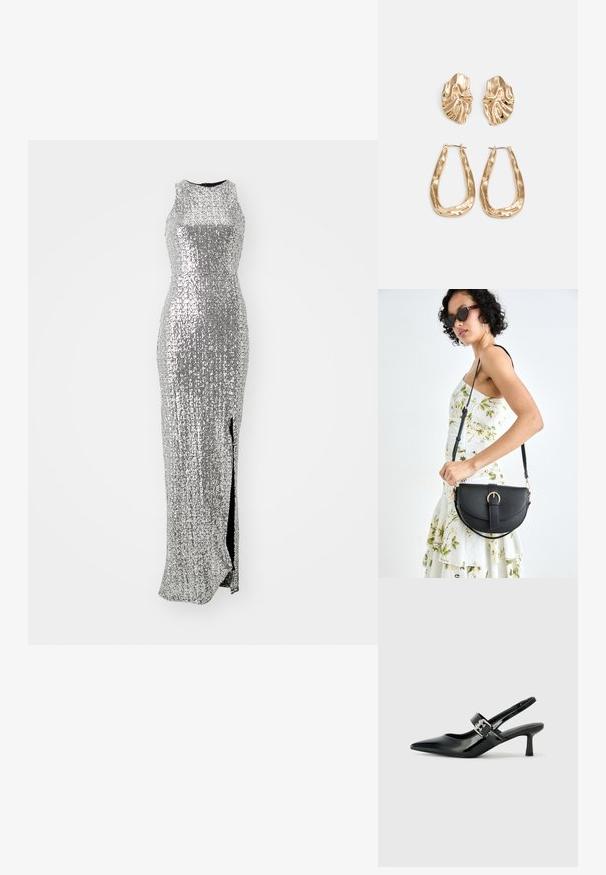 Sidabrinė blizgi vakarinė suknelė su prigludusiu fasonu, be rankovių, aukšta plyšiu ir tekstūruota paviršiumi, atspindinčiu šviesą.; Juodai lakuoti slingback aukštakulniai su smailiu kojų pirštu ir mažais blokiniais kulniukais, su sidabro sagtimi ant dirželio.; Juodas odinis krepšys su išlenkta forma, nuimamu dirželiu ir auksiniais detalėmis. Krepšys turi kilpą su sagtimi.; Auksinės auskarai, turintys tekstūruotus, bangų formos elementus. Įeina skulptūriniai segami auskarai ir atviri lankai su išmuštu paviršiumi.