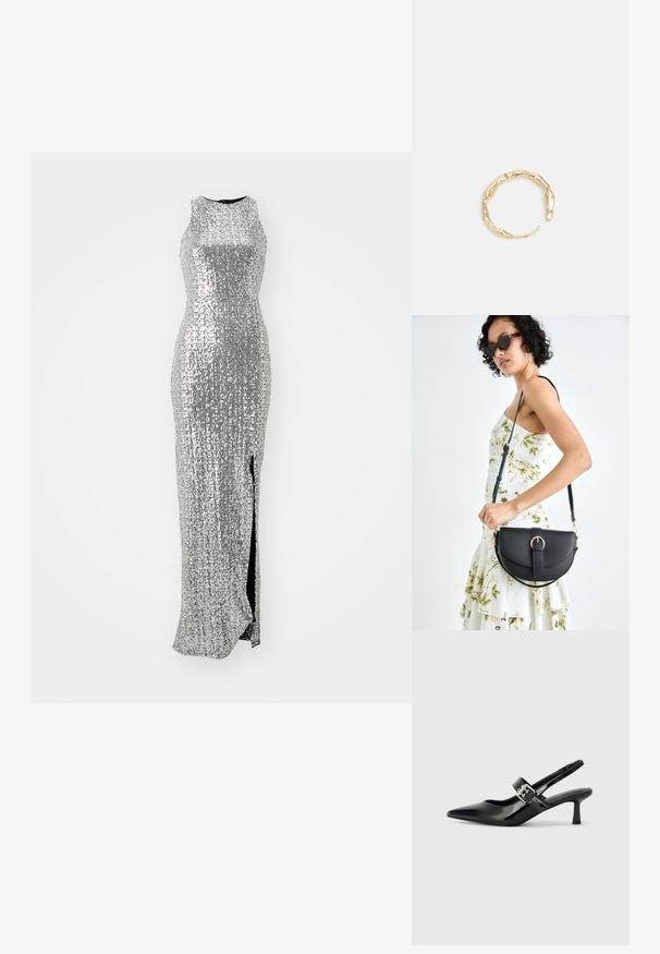 Srebrna večernja haljina sa šljokicama, uskog kroja, bez rukava, visokim prorezom i teksturiranom površinom koja odražava svjetlost.; Crne lakirane slingback potpetice s oštrim prstom i malom blok petom, s naglaskom na srebrnoj kopči na remenu.; Crna kožna torba s lukovitim oblikom, odvojivim remenom i zlatnim detaljima. Torba ima preklop s kopčom.; Prsten u zlatnoj nijansi s organskim, uvijenim dizajnom, glatkom teksturom i suženim krajevima, koji stvara moderan, skulpturalni izgled.