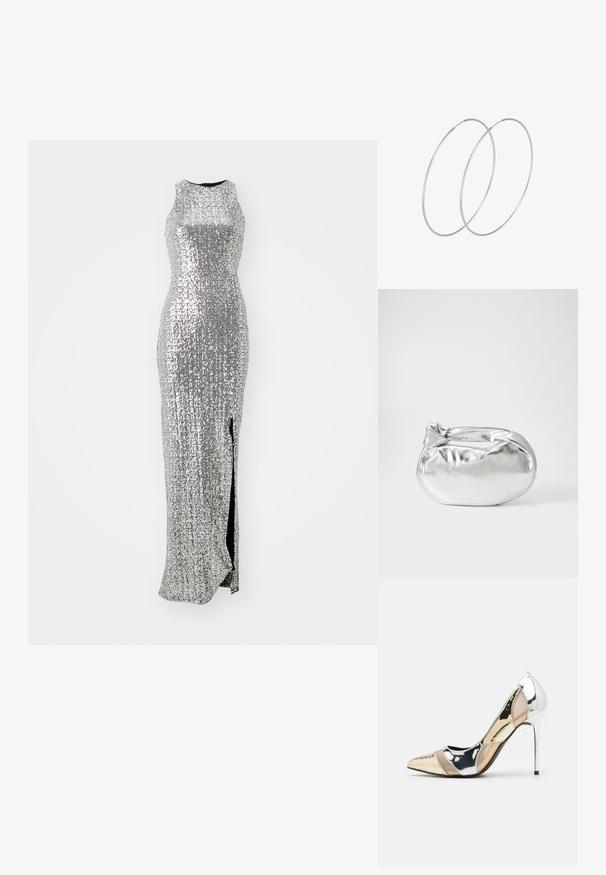 Strieborné večerné šaty s flitrami s priliehavým strihom, bez rukávov, s vysokým rozparkom a textúrovaným povrchom odrážajúcim svetlo.; Lodičky s špičatou špičkou v striebornom, zlatom a telovom farebnom prevedení. Lesklý povrch s výrezovým dizajnom, s ihlovým opätkom.; Strieborná metalická taška s mäkkým, zaobleným tvarom a uzáverom s uzlíkom. Vyrobená z hladkej syntetickej kože.; Strieborné kruhové náušnice s minimalistickým dizajnom. Cirkulárny tvar, hladký povrch a tenký profil. Ľahké s lesklým povrchom.