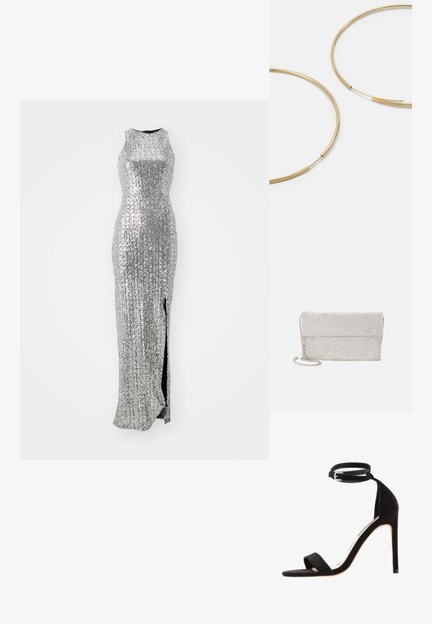 Sudzīgu sudraba svārku vakara kleita ar pieguļošu dizainu, bez piedurknēm, augstu šķēlumu un strukturētu virsmu, kas atspoguļo gaismu.; Melnas zamšādas augstpapēžu sandales ar vienkāršu siksniņu dizainu, atvērtu purngalu un potītes siksniņu ar sudraba sprādzi.; Sudraba sieta pošu soma ar teksturētu, austas dizaina, kurai ir salokāms vāks un noņemama ķēdes siksna nēsāšanai.; Zelta krāsas auskari gredzena formā, plāni un apaļi, ar gludu metāla apdari un bez rotājumiem vai zīmējumiem.