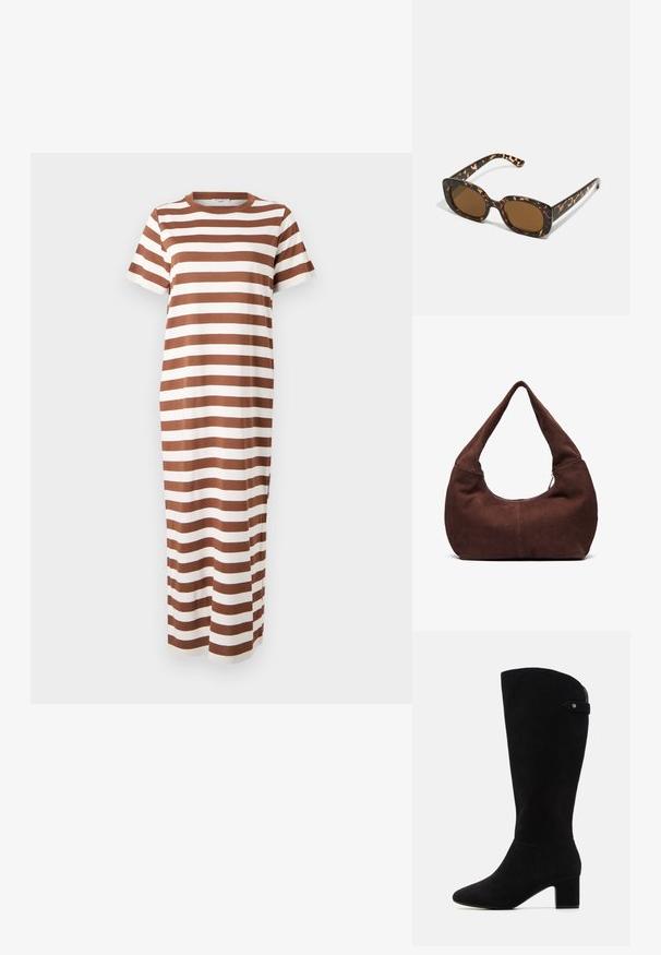 Pasiasta, brązowo-biała bawełniana sukienka maxi z krótkimi rękawami i okrągłym dekoltem, z prostym krojem i bocznymi rozcięciami.; Czarne zamszowe kozaki za kolano z ostrym noskiem i blokowym obcasem. Charakteryzują się gładką fakturą i prostym wzornictwem, z bocznym akcentem w postaci paska.; Okulary przeciwsłoneczne w kratkę z zaokrągloną, grubą oprawą i brązowymi soczewkami. Posiadają subtelne wzory oraz proste, zwężane zauszniki.; Brązowa zamszowa torba hobo z krzywym, szerokim uchwytem i dużym otworem. Miękka tekstura z widocznym szyciem wzdłuż krawędzi.