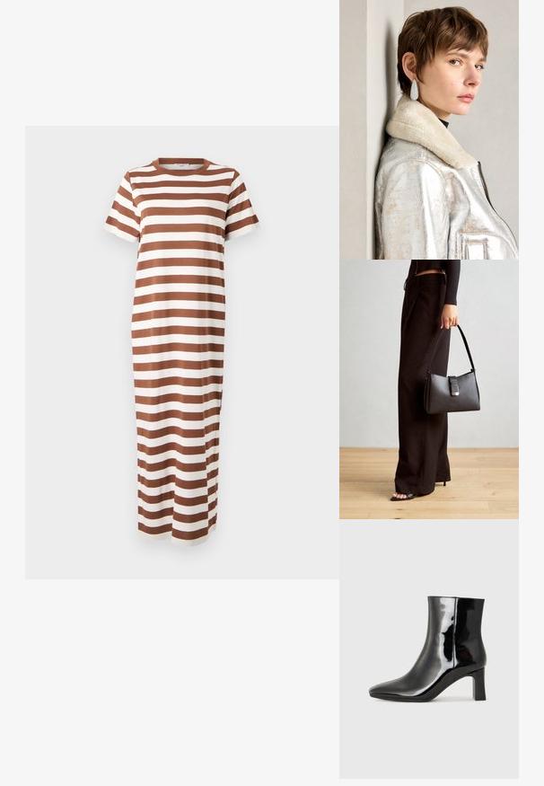 Vestido maxi de algodão listrado, em marrom e branco, com mangas curtas e decote redondo, apresentando um corte reto e fendas laterais.; Botim de tornozelo em pele sintética preta com bico apontado e salto bloco de altura média. Textura suave e design minimalista.; Bolsa preta com forma estruturada, textura suave e um fecho metálico. Combinada com calças largas pretas e sandálias de salto aberto sobre um chão de madeira.; Jaqueta de couro metálica prateada com colarinho de peles, apresentando um fecho em zip e uma superfície texturizada. Brincos grandes em forma de gota com pedras preciosas transparentes.