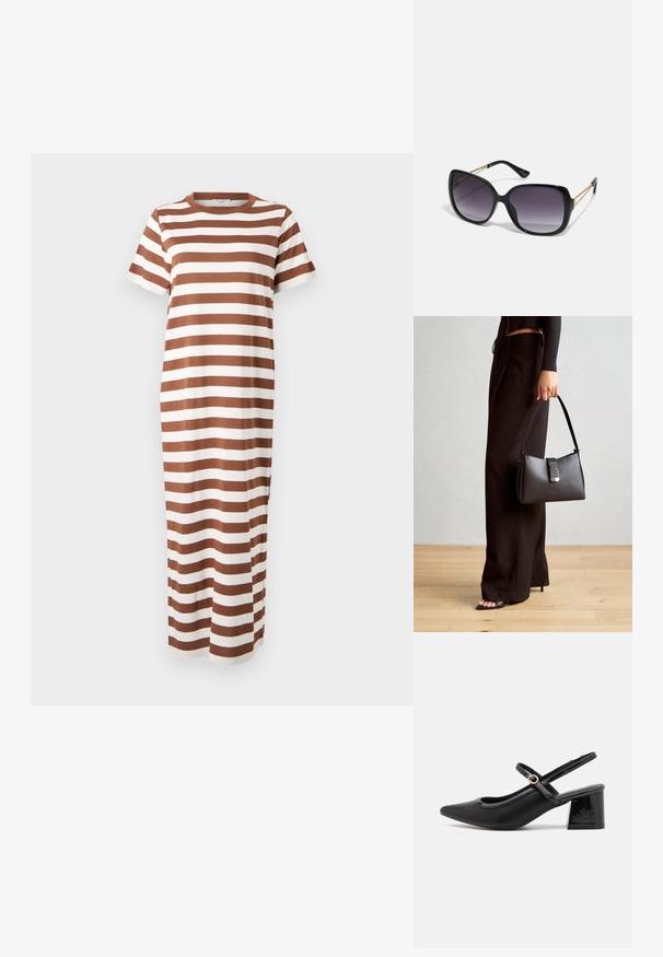 Pasiasta, brązowo-biała bawełniana sukienka maxi z krótkimi rękawami i okrągłym dekoltem, z prostym krojem i bocznymi rozcięciami.; Czarne lakierowane czółenka na słupku ze spiczastym noskiem, lekko zaokrąglonym wycięciem i obcasem w kształcie bloku. Posiadają złotą klamrę jako akcent dekoracyjny.; Czarne oversize okulary przeciwsłoneczne z gradientowymi soczewkami, grubymi oprawkami i złotym łańcuszkiem na ramionach.; Czarna torebka o usztywnionym kształcie, gładkiej fakturze i metalowym zapięciem. Połączona z szerokimi czarnymi spodniami i sandałami na otwartym palcu na drewnianej podłodze.