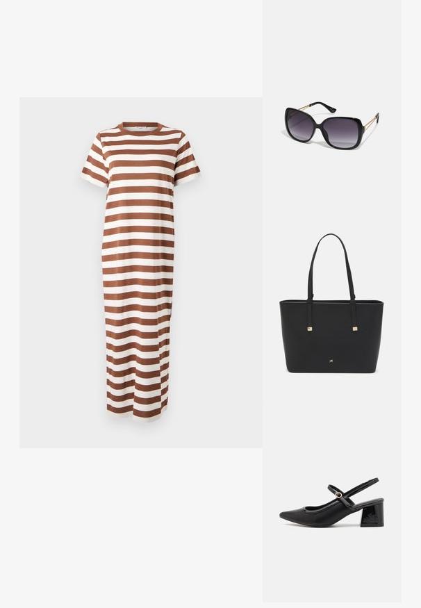 Raidallista, ruskeasta ja valkoisesta puuvillasta valmistettu maksimekko, jossa on lyhyet hihat ja pyöreä kaula-aukko. Mekossa on suora leikkaus ja sivureiät.; Musta lakattu nahka slingback-korkokengät, joissa on terävä kärki, pyöreä aukko-muotoilu ja lohkokorko. Varustettu kultasävyisellä solkiyksityiskohdalla.; Mustat ylisuurten kehysten aurinkolasit, joissa on liukuväri-linssit, paksut kehykset ja kultasävyiset ketjustuskoristeet temppeleissä.; Mustat olkalaukku, joka on valmistettu synteettisestä materiaalista, yksinkertainen suorakulmainen muotoilu, kultaiset nelikulmaiset yksityiskohdat ja kaksoiskahvat.