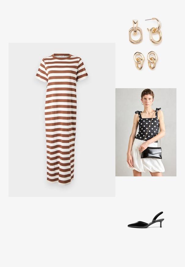 Ribakate, pruun ja valge puuvillane maxi kleit lühikeste varrukatega ja ümmarguse kaelusega, sirge lõike ja külgvoodriga.; Mustad nahast slingback kontsad terava ninaga, madala stilettokontsa ja sõbraliku, lihtsa kujundusega ilma dekoratsioonideta.; Mustvalge täpiline topp koos sõlmedega õlgadel, kantud tekstuuriga valge puhvis seeliku ja läikiva musta ristkülikukujulise käekotiga.; Kuldsete toonidega kõrvarõngad, millel on geomeetriliste kujundite segu: ruut, ring ja ühendatud ovaalsed kujundid, millel on poleeritud viimistlus.
