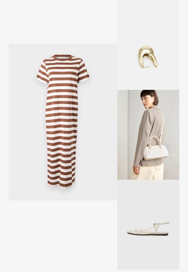 Rochie maxi din bumbac, cu dungi în nuanțe de maro și alb, cu mâneci scurte și decolteu rotund, având un croi drept și fante laterale.; Sandalie plate bej cu multiple bretele subțiri și o cataramă ajustabilă. Talpa este plată, cu un ușor contrast întunecat la margine.; Geantă structurată albă, cu mânere scurte și curea de umăr, având accente din metal aurit și material texturat, expusă pe un fundal gri.; Cercei din metal de culoare aurie cu un design elegant și curbat. Prezintă o formă distinctivă, ascuțită, o suprafață lustruită și un sistem de închidere cu balama.
