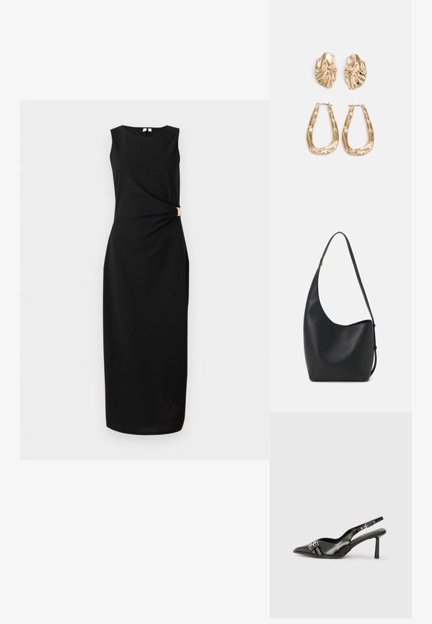 Ermeløs svart midi-kjole med rund hals og sidetrykksdetalj festet med en gullspenne i midjen.; Sorte patentlær slingback-sko med spiss tå, ankelremmer med sølvspenner og detaljer, og en slank hæl.; Svart lær hobo-veske med glatt tekstur, buet form og enkelt justerbart stropp; har en bred åpning på toppen.; Gullfargede øredobber med teksturerte, bølgete former. Inkluderer skulpturelle klipsstuds og åpen hoop-design med en hamret finish.