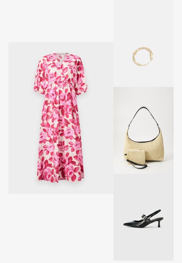 Blommig maxiklänning i lätt tyg, med ett mönster av rosa rosor, V-ringning, insvängd midja och puffärmar med elastiska manschetter.; Svarta patentläder slingback-klackar med spetsig tå och en liten blockklack, med en silvrig spänneaccent på remmen.; Vävd halmhandväska med en böjd silhuett, prydd med ett slätt svart läderhandtag och en matchande liten påse fäst med ett handledsband.; Ring i guldutförande med en organisk, vriden design, slät yta och avsmalnande ändar, vilket ger ett modernt, skulpturalt utseende.