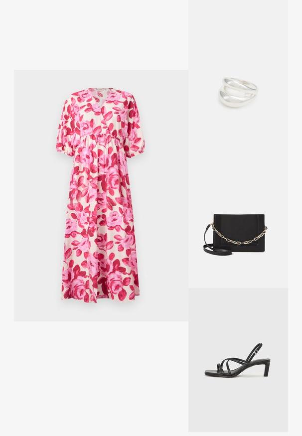 Kukkakuvioinen maxi-mekko kevyestä kankaasta, jossa on vaaleanpunaisia ruusuja, V-pääntie, kapea vyötärö ja puffihihat, joissa on joustavat hihansuut.; Mustat hihnalligat, joissa on neliön muotoinen kärki ja matala lohkokorko. Ominaisuuksiin kuuluu useita ohuita hihnoja ja säädettävä nilkkahihna. Valmistettu sileästä nahasta.; Musta nahkainen olkalaukku, jossa on sileä pinta, suorakulmainen muoto ja metalliketju yksityiskohtana edessä. Mukana säädettävä hihna.; Hopeinen kaksinkertainen rengas, jossa on sileä, kiillotettu pinta. Siinä on sulava, kaareva muotoilu, jossa on päällekkäisiä osia modernin ilmeen saavuttamiseksi.