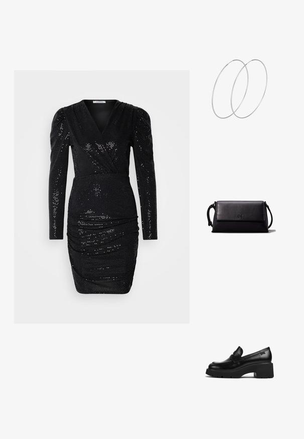 Melnas secinētu kleitas ar garām piedurknēm, dziļu V veida dekoltē, sūcešanas detaļām viduklī un pieguļošu siluetu, ar gludu tekstūru.; Melnas ādas chunky papēža loafers ar biezu zoli un siksniņas detaļu pāri augšai, attēlots no sāna uz baltas fona.; Melna ādas maku ar taisnstūra formu, gludu tekstūru, platu aizdari un nelielu rokturi sānos. Satur diskretu logo.; Sudraba gredzenveida auskari ar minimālistisku dizainu. Cirkulāra forma, gluda tekstūra un plāns profils. Vieglu svaru ar spīdīgu apdari.