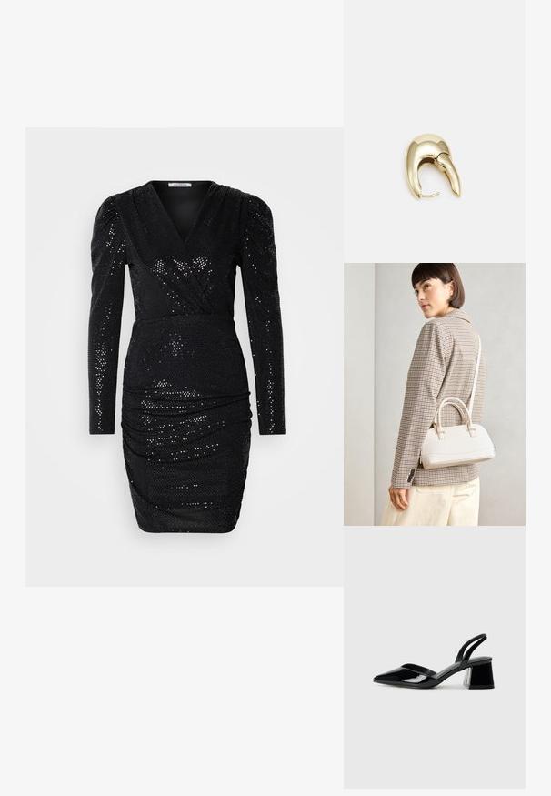 Robe noire en sequins avec des manches longues, décolleté en V profond, détails froncés à la taille et une silhouette ajustée, présentant une texture lisse.; Escarpins en cuir verni noir avec bout pointu et talon bloc géométrique. Présente un design élégant et minimaliste ainsi qu'une texture lisse.; Sac à main structuré blanc avec de courtes poignées et une bandoulière, doté de accents en métal doré et d'un matériau texturé, présenté sur un fond gris.; Boucle d'oreille en métal doré avec un design élégant et courbé. Présente une forme conique distinctive, une surface polie et une fermeture à charnière.