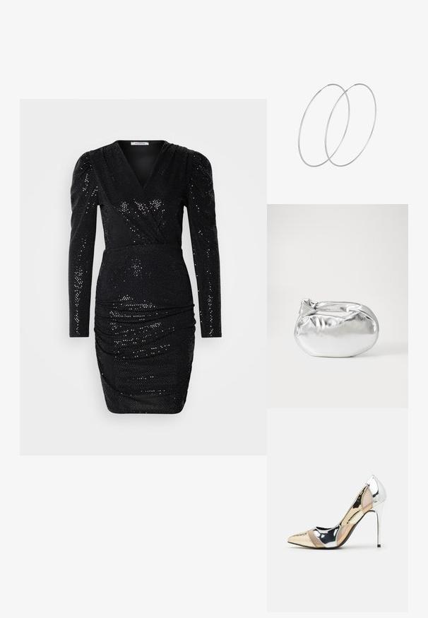 Črna obleka s sequinami, dolgi rokavi, globok V-izrez, nabran detajl na pasu in oprijet silhuet, z gladko teksturo.; Čevlji z visoko peto in konico, v barvni kombinaciji srebrne, zlate in nude. Sijajna obdelava z izrezljanim dizajnom, z igličasto peto.; Srebrna kovinska torbica z mehko, zaobljeno obliko in zavezano zgornjo zaporo. Narejena iz gladkega umetnega usnja.; Srebrne uhane v obliki obroča z minimalističnim dizajnom. Krožna oblika, gladka tekstura in tanek profil. Lahki s poliranim zaključkom.