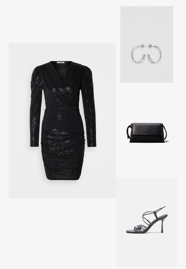 Robe noire en sequins avec des manches longues, décolleté en V profond, détails froncés à la taille et une silhouette ajustée, présentant une texture lisse.; Des sandales noires à talons hauts avec des fines lanières au design noué, un bout carré lisse et un talon aiguille élégant.; Pochette en cuir noir avec une forme rectangulaire, texture lisse, fermeture à rabat plat et une petite poignée sur le côté. Présente un logo discret.; Boucles d'oreilles en argent avec une finition lisse et brillante. Forme arrondie, conception légère, avec un fermoir à tige.