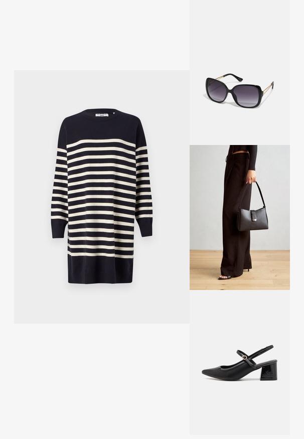 Sukienka swetrowa w marynarskie i kremowe paski, z okrągłym dekoltem, rękawami 3/4 i prążkowanym wykończeniem. Miękka tkanina o gładkiej fakturze.; Czarne lakierowane czółenka na słupku ze spiczastym noskiem, lekko zaokrąglonym wycięciem i obcasem w kształcie bloku. Posiadają złotą klamrę jako akcent dekoracyjny.; Czarne oversize okulary przeciwsłoneczne z gradientowymi soczewkami, grubymi oprawkami i złotym łańcuszkiem na ramionach.; Czarna torebka o usztywnionym kształcie, gładkiej fakturze i metalowym zapięciem. Połączona z szerokimi czarnymi spodniami i sandałami na otwartym palcu na drewnianej podłodze.