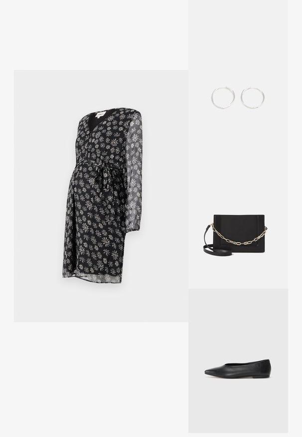 Rochie de maternitate din material negru cu imprimeu de margarete albe și violete. Prezintă un decolteu în formă de V, mâneci lungi din material transparent și un detaliu legat la talie.; Balerini din piele neagră, vârf ascuțit, design minimalist, textură netedă, toc de mică înălțime, fără hardware sau embellishments vizibile.; Geantă de umăr din piele neagră, cu o textură netedă, formă rectangulară și un detaliu din lanț metalic în față. Include curea reglabilă.; Cercei din argint cu un design elegant și rotund, având o suprafață netedă și fără embellismente vizibile. Diametrul nu este specificat.