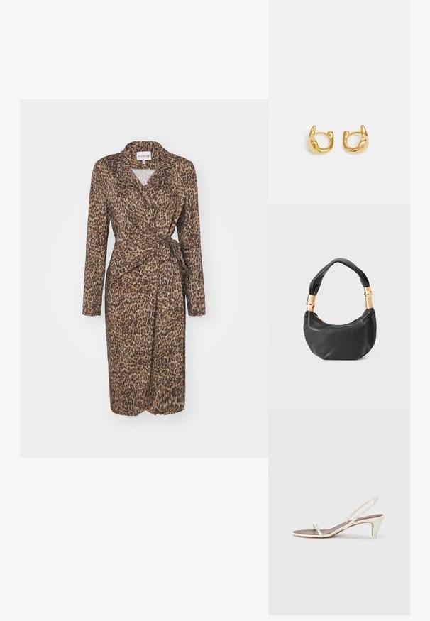 Soojendava leopardimustri on puuvillase struktuurse kanga kleit, millel on pikad varrukad ja vöö ise sidumiseks. Nööpidega krae detail.; Valged slingback sandaalid kergelt kontsaga, õhukeste rihmade ja sileda nahatekstuuriga; sisaldavad väikest dekoratiivset pandlat.; Must mustrepp nahkakott ümmarguse kujuga, pehme tekstuuriga ja sõlmiga käepidemega, millel on kuldse tooni aksessuaarid. Lukuga sulgemine.; Kuldsete rõngaste kõrvarõngad, millel on sile, ümar disain ja poleeritud pind. Kõrvarõngad on kompaktsed, suurte vormide ja sujuva klambriga.