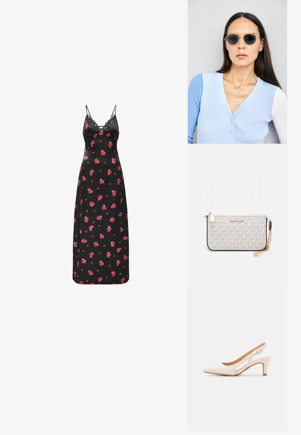 Schwarzes Maxikleid mit dünnen Spaghetti-Trägern und Spitze. Mit verstreuten roten und rosa Blumenmustern auf glattem Stoff.; Weiße Slingback-Absätze mit spitzer Zehenpartie, glattem Obermaterial, niedrigem Blockabsatz und seitlichem Ausschnitt-Design mit verstellbarem Schnallenriemen.; Runde Sonnenbrillen mit dunklen Gläsern und goldenen Rahmen. Das Modell trägt eine hellblaue, gerippte Strickjacke mit Knöpfen und weißen Kontrastärmeln.; Michael Kors Clutch in beige beschichtetem Canvas mit einem wiederholten MK-Logo-Muster, goldfarbener hardware und einem abnehmbaren Kettenriemen.