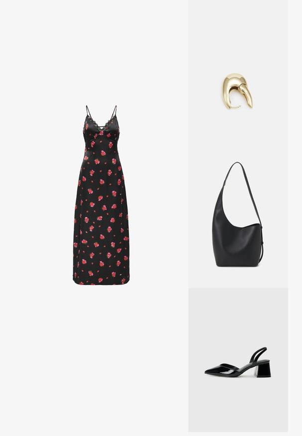 Vestido maxi negro con flores, con tirantes delgados tipo espagueti y detalles de encaje. Presenta un patrón de flores rojas y rosas dispersas sobre una tela suave.; Zapatos de tacón slingback de charol negro con punta afilada y tacón geométrico en bloque. Presentan un diseño elegante y minimalista, así como una textura suave.; Bolso tipo hobo de cuero negro con una textura suave, forma curvada y una sola correa ajustable; presenta una amplia apertura en la parte superior.; Pendiente de metal en tono dorado con un diseño elegante y curvado. Presenta una forma puntiaguda distintiva, superficie pulida y cierre de bisagra.