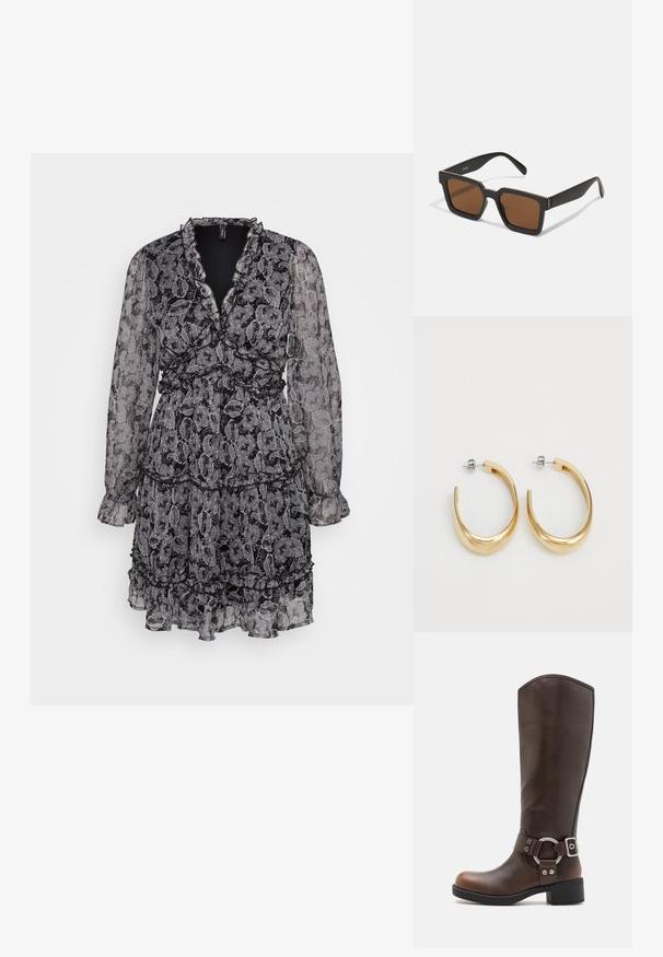 Melnā un baltā paisley raksta kleita ar V veida kakla izgriezumu, garām caurspīdīgām piedurknēm, viļņainiem slāņiem un savilktu jostas vietu. Izgatavota no viegla auduma.; Brūni ādas ceļgala augstuma zābaki ar apaļu metāla aksesuāru un sprādzi. Nedaudz teksturēta augšdaļa, sakrauta papēdis un noapaļots purns.; Melni kvadrātveida saulesbrilles ar brūniem lēcām, ar matētu apdari un zelta akcentiem uz rāmja. Dizains ir leņķisks ar plats rokām.; Zeltaini auskari ar gludu, izliekta dizaina. Izgatavoti no metāla, ar elegantu apdari un aizmugurējām aizdares aizsargām.