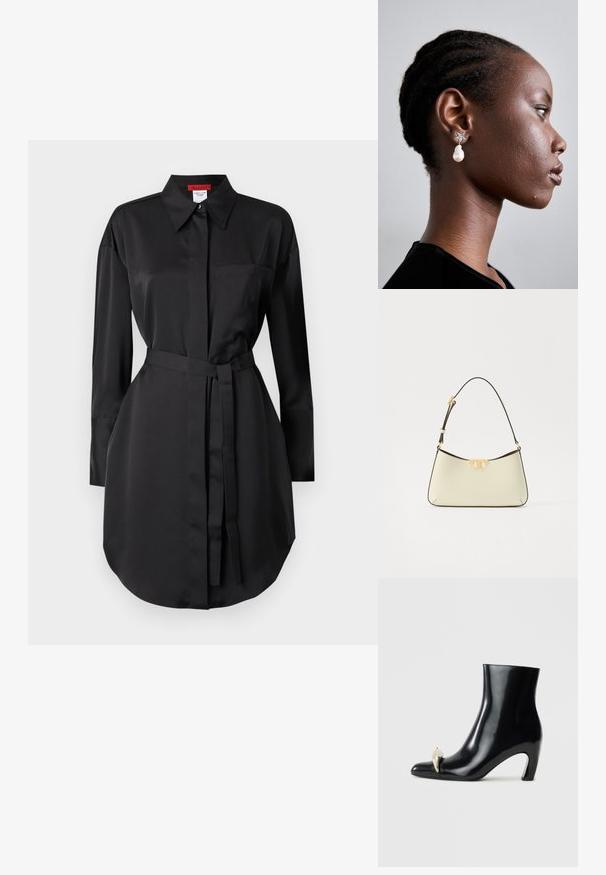 Černé šaty košilového vzhledu vyrobené z hladkého materiálu, s špičatým límcem, dlouhými rukávy, náprsní kapsou a pasem se zapínáním pro nastavitelný střih.; Černé kotníkové boty vyrobené z lesklé kůže, s špičatou špičkou a dekorativním zlatým a stříbrným akcentem na přední straně. Design s blokovým podpatkem.; Kožená kabelka v krémové barvě s oblým tvarem. Obsahuje akcent s logem ve zlatém odstínu a tenkým, nastavitelným tmavým popruhem.; Tory Burch STAR DROP EARRING - Náušnice - silver-coloured