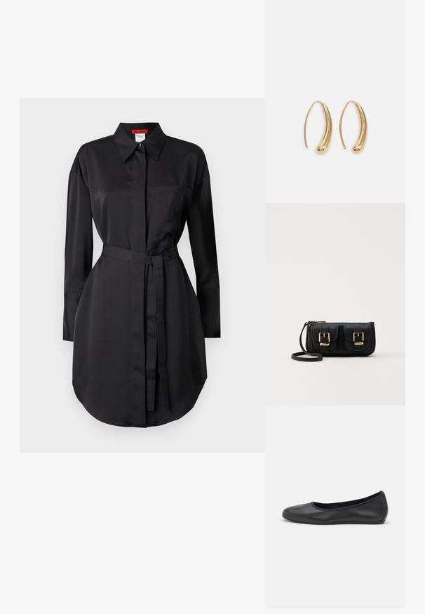 Svart skjortekjole laget av glatt stoff, med spiss krage, lange ermer, en brystlomme og belte i midjen for justerbar passform.; Svart skinnballettflatt med rund tå, glatt tekstur, minimal sømdetalj, og et fleksibelt såledesign.; Svart skinn crossbody veske med to frontlommer, gyldne spenner, glidelåslukking og en slank stropp. Teksturert overflate og kompakt rektangulær form.; Gullfargede metalløredobber med en buet, forlenget form. Har en jevn, blank overflate og en avrundet tupp for ekstra detaljer.