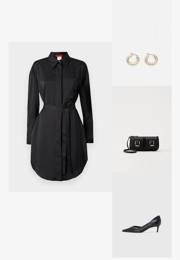 Zwarte shirtjurk gemaakt van gladde stof, met een puntige kraag, lange mouwen, een borstzak en een tailleband voor een aanpasbare pasvorm.; Zwarte leren pump met een puntige neus en lage hak. Heeft een gladde textuur en een subtiele glans. Open uitsparing aan de voorkant voor extra detail.; Zwarte leren schoudertas met twee vo pockets, gouden gespen, ritsluiting en een smalle band. Tekstuur oppervlak en compacte rechthoekige vorm.; Lauren Ralph Lauren BASIC SMALL HOOP - Oorbellen - gold-coloured