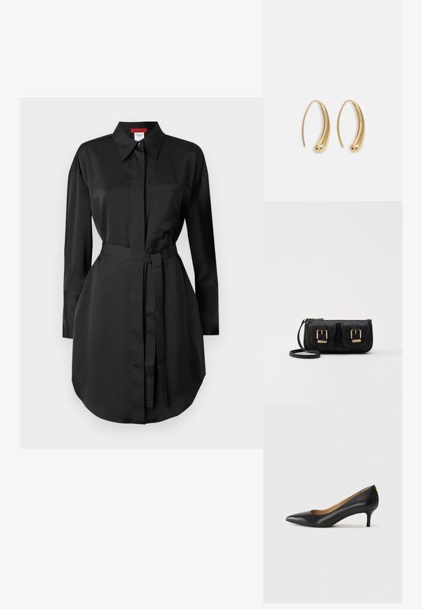 Čierne šaty košeľového strihu vyrobené z hladkej látky, s špicatým golierom, dlhými rukávmi, náprsníkom a pásom na uťahovanie pre prispôsobiteľné nosenie.; Čierny kožený podpatek s špicatou špičkou, nízkym opätkom a hladkým povrchom. Obsahuje mierne otvorenie vpredu a minimálne kovové detaily na zadnej strane.; Čierna kožená crossbody taška s dvoma prednými vreckami, zlatými sponami, zipsovým uzatváraním a úzkym popruhom. Štruktúrovaný povrch a kompaktný obdĺžnikový tvar.; Náušnice vo forme zlatých kovových kruhov s zakriveným, predĺženým tvarom. Majú hladký, lesklý povrch a zaoblený koniec pre pridanie detailu.