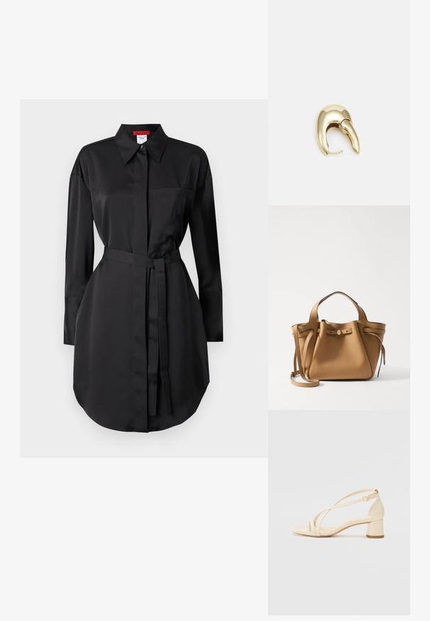Černé šaty košilového vzhledu vyrobené z hladkého materiálu, s špičatým límcem, dlouhými rukávy, náprsní kapsou a pasem se zapínáním pro nastavitelný střih.; Béžové sandály na podpatku s blokovým podpatkem, s řemínkovým designem a nastavitelným kotníkovým páskem, vyrobené z hladkého syntetického materiálu s matným povrchem.; Tory Burch ROMY PEBBLED SATCHEL - Kabelka - tiramisu; Náušnice ve zlatém tónu z kovu s elegantním zakřiveným designem. Vyznačují se jedinečným špičatým tvarem, lesklým povrchem a závěsem na kloub.