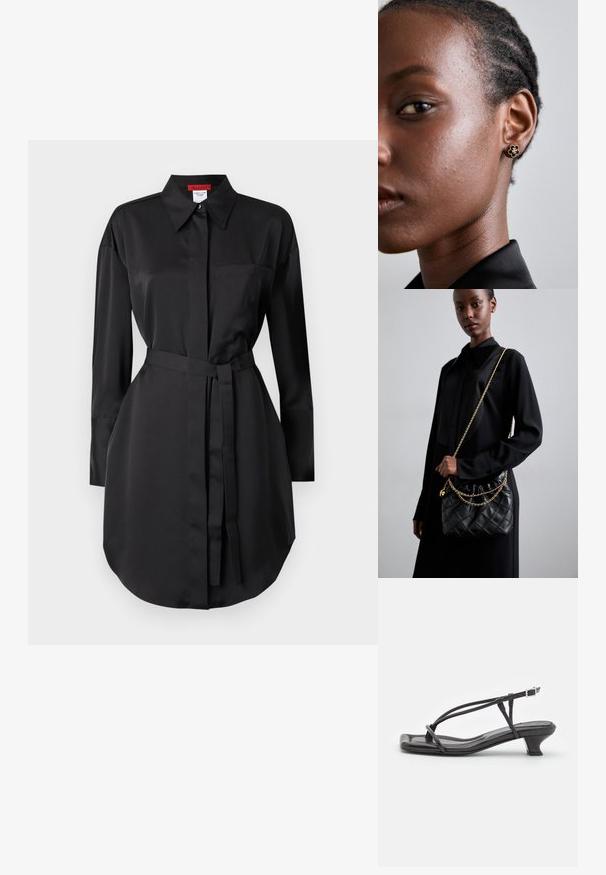 Zwarte shirtjurk gemaakt van gladde stof, met een puntige kraag, lange mouwen, een borstzak en een tailleband voor een aanpasbare pasvorm.; Zwarte leren sandaal met dunne banden, lage blokhak en vierkante neus. Heeft een gespsluiting en een zachte textuur.; Zwarte gewatteerde leren handtas met een gathered bovenkant, gouden kettinghengsel en een rechthoekige vorm, vastgehouden tegen een effen achtergrond.; Gouden bloemenstud oorbel met een gestructureerd zwart midden en verfijnde details. De heldere huid en het gevlochten haar van het model zijn zichtbaar in profiel.