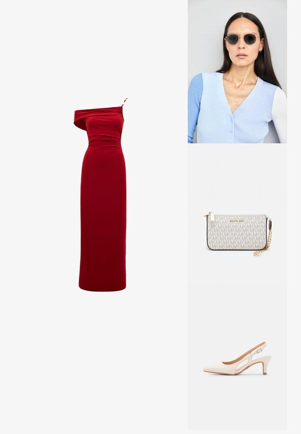 Červené šaty bez ramienok s priliehavým korzetom, riasením a zlatým akcentom na ramene. Vyrobené z jemného, elastického materiálu.; Biele slingback topánky na podpätku s ostrou špičkou, hladkým vrchným materiálom, nízkym blokovým podpätkom a bočným výrezom s nastaviteľným remienkom na pracku.; Okrúhle slnečné okuliare s tmavými šošovkami a zlatým rámom. Modelka má na sebe svetlomodrý pletený kardigán s gombíkmi a bielymi rukávmi v kontraste.; Michael Kors zápästná taška v béžovej potiahnutej plátenej tkanine s opakujúcim sa vzorom loga MK, zlatým kovania a odnímateľným reťazovým popruhom.