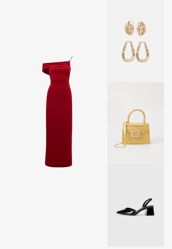 Rød av-på-skulderen kjole med tettsittende bodice, rynkede detaljer og et gullakzent på stroppen. Laget av et mykt, elastisk materiale.; Svarte patentlær slingback hæler med spiss tå og geometrisk blokk hæl. Har et stilrent, minimalistisk design og jevn tekstur.; Gul faux-krokodille veske med en strukturert design, toppen håndtak, avtagbar kjede stropp, og dekorativ krystallbortsettelse på låsen.; Gullfargede øredobber med teksturerte, bølgete former. Inkluderer skulpturelle klipsstuds og åpen hoop-design med en hamret finish.