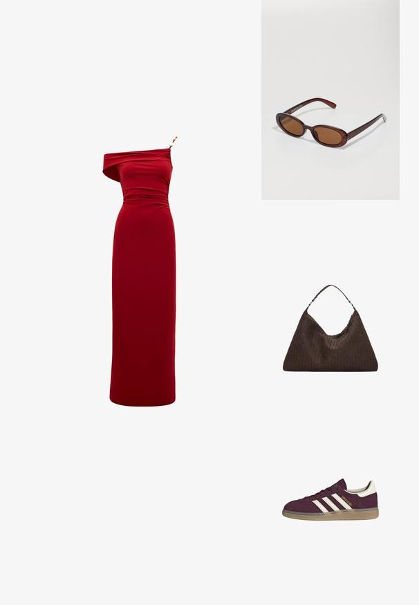 Crvena haljina s jednim ramenom, s pripijenim tijelom, nabranim detaljima i zlatnim naglaskom na naramenici. Izrađena od mekanog, rastezljivog materijala.; Maroon zamšene tenisice s bijelim tri pruge i bež detaljima. Imaju teksturiranu gumenju potplat i zlatni logotip sa strane.; Okvir okruglih, smeđkastih sunčanih naočala s sjajnim burgundskim okvirom. Uski nositelji s suptilnim brendiranjem. Ravna leća.; Smeškan smeđi kožni torbica u obliku trokuta. Ima pletenu ručku i patentni zatvarač na vrhu.