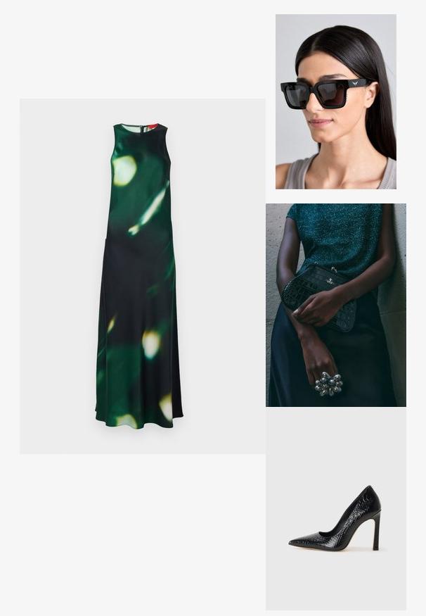 Maxi dress in dark green fabric with a blurred light pattern. Features a high neckline, sleeveless design, and a side slit, secured with a back zipper.; Black pointed-toe high heel shoe with a crocodile-skin texture, featuring a sleek design, high stiletto heel, and smooth black interior.; Black oversized sunglasses with square frames, dark lenses, and subtle wing logo detail on the temple. Features textured accents on the sides.; Black crocodile-patterned clutch bag with silver hardware, held against a textured gray background. Features a shiny surface.