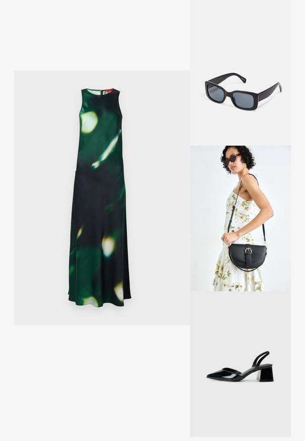 Tumedast rohelisest kangast maksikleidi, millel on udune heledate mustritega disain. Sellel on kõrge kaelus, ilma varrukateta disain ja külgmine lõhik, mille kinnitamiseks on tagumine tõmblukk.; Mustad musta lakknahk kingad, millel on terav varvas ja geomeetriline plokkkonts. Omab elegantselt minimalistlikku disaini ja sujuvat tekstuuri.; Mustad mustad prillid tumedate läätsedega, paks plastikraam ja laiad templid. Sile pind ja nurgeline disain.; Mustmust mustraha kõverate joontega, eemaldatava rihmaga ja kuldsete detailidega. Kotil on klapp, millel on pandladetail.