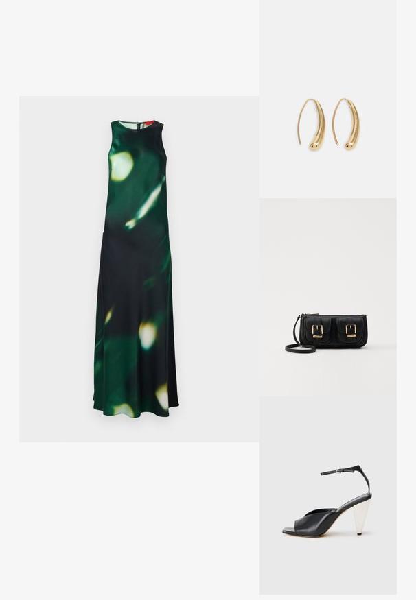 Robe maxi en tissu vert foncé avec un motif flou clair. Présente un col haut, un design sans manches et une fente latérale, fermée par une fermeture éclair au dos.; Sandale à talon haut en cuir noir avec bout ouvert, design asymétrique, bride de cheville et talon en forme de cône métallique. Texture lisse sur toute la surface.; Sac en cuir noir porté en travers avec deux poches avant, boucles dorées, fermeture zippée et une sangle fine. Surface texturée et forme rectangulaire compacte.; Boucles d'oreilles en métal doré en forme d'anneau, avec une forme courbée et allongée. Elles présentent une surface lisse et brillante avec une pointe arrondie pour un détail supplémentaire.