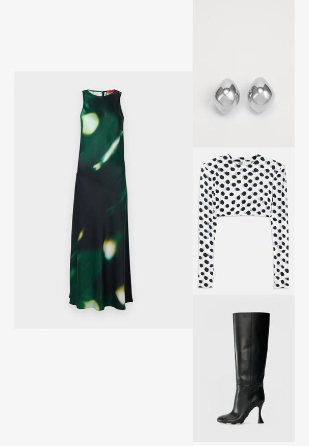 Maximekko tummanvihreästä kankaasta, jossa on sumea vaalennuskuvio. Ominaisuuksiin kuuluu korkea kaulus, olkalessut ja sivuhalkio, joka suljetaan takana vetoketjulla.; Lyhythihainen toppi joustavasta valkoisesta kankaasta, jossa on mustia pilkkuja, sileä pinta ja pyöreä pääntie.; Musta nahkainen polvipituinen saapas, jossa on tiukka varsi ja terävä kärki. Sen huomionarvoinen ominaisuus on kaareva korko ja sileä tekstuuri.; Hopeakkorvakorut, joissa on sileä, pyöreä muoto, kiiltävä pinta ja heijastava pinta. Minimalistinen muotoilu ilman koristeita.