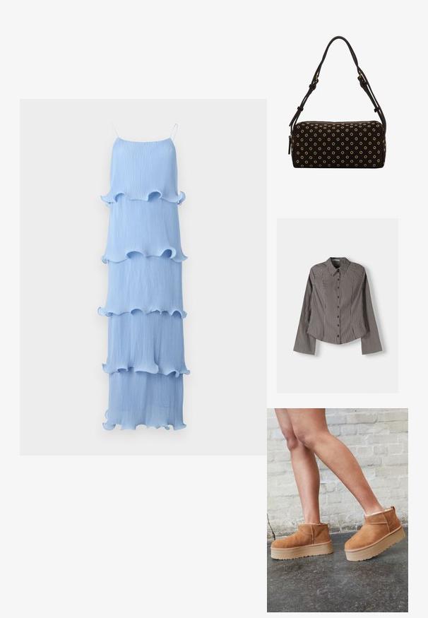 Copenhagen Muse KIRA - Maxikjoler - forever blue; Stribet skjorte i brun og hvid med lange ærmer, spids krave og buet kant. Struktureret stof med lodrette striber.; Brune ruskinds ankelsko med en blød foring, tyk beige plattformsål og en bageste løkke. Tekstureret overflade med synlige sømdetaljer.; Sort rektangulær skuldertaske med guldfarvede øjeknopper og justerbare dobbelte stropper, lynlås lukning på toppen.