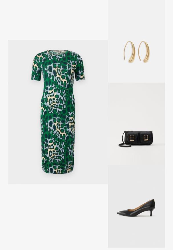 Krátký rukáv zelených šatů s leopardím potiskem v odstínech modré, béžové a černé. Tkanina vypadá hladce a má přiléhavý střih.; Černé kožené lodičky s špičatou špičkou, nízkým podpatkem a hladkým povrchem. Mají mírné otevření vpředu a minimální kovové prvky na zadní straně.; Černá kožená crossbody taška se dvěma předními kapsami, zlatými přezkami, zipovým uzávěrem a štíhlým popruhem. Texturovaný povrch a kompaktní obdélníkový tvar.; Náušnice ve tvaru kruhu z pozlaceného kovu s vroubkovaným, prodlouženým tvarem. Mají hladký, lesklý povrch a zaoblený konec pro zvýraznění detailu.