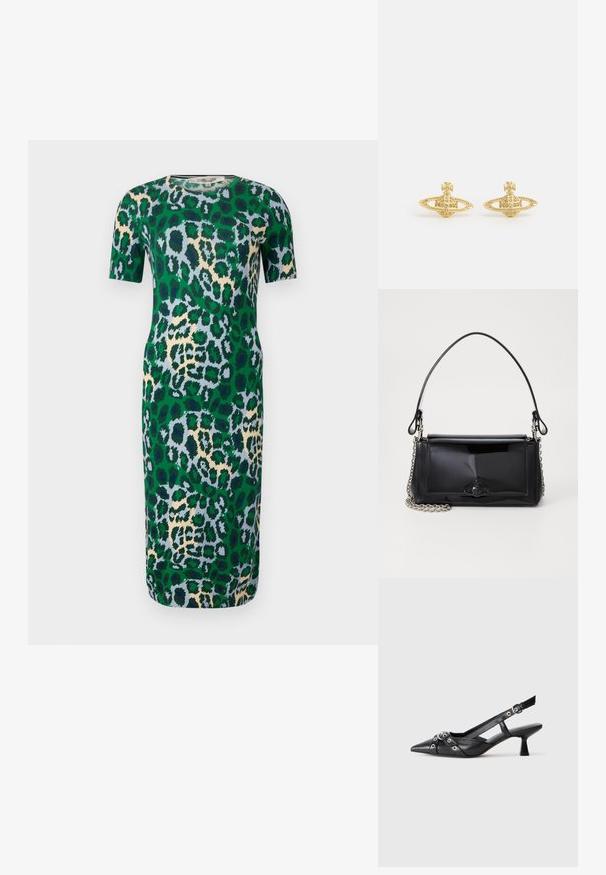 Grünes Kurzarmkleid mit einem Leopardenmuster in Blau-, Beige- und Schwarztönen. Der Stoff wirkt glatt und hat eine taillierte Form.; Schwarzer Leder-Slingback-Schuh mit spitz zulaufender Zehenpartie, dekorativen Riemen mit METALLÖSEN und niedrigem Blockabsatz. Strukturelle Oberfläche.; Schwarze Lackleder-Handtasche mit rechteckiger Form, Kettenriemen und einem markanten Hardware-Akzent in der Mitte. Glatte Textur.; Vivienne Westwood MINI BAS RELIEF EARRINGS - Ohrringe - gold-coloured